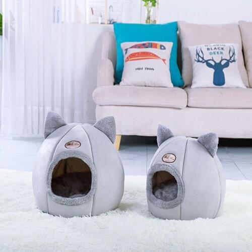 Cat Bed Winter Warm Nest Comfortable Soft Foldable Sleeping Mat Cute Cat Ears Tent House Semi-Enclosed Dog Kennel Pet Accessorie
