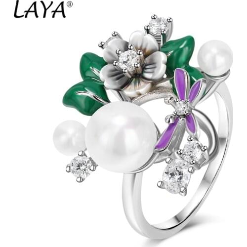 Laya 925 Sterling Silver High Quality Zircon Shell Pearl Natural Shell Flower Fashion Jewelry Ring For Women 2021 Trend