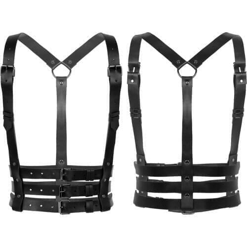 Womens Fashion Punk Gothic PU Leather Adjustable Body Chest Harness Straps Waist Belt for Party Festival Halloween Carnival Wear