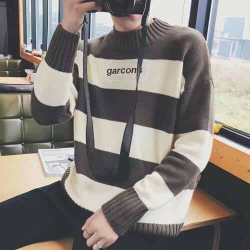 Men Striped Leisure Simple All-match Japanese Style Daily Trendy Turtleneck Soft Warm Retro Mens Pullover Chic