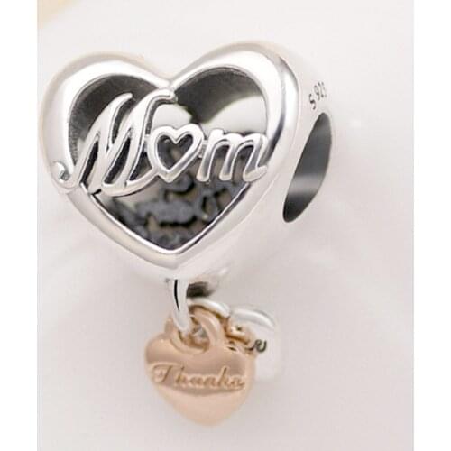 Original Openwork Rose Thank You Mom Heart Pendant Beads Fit 925 Sterling Silver Charm Pandora Bracelet Bangle Diy Jewelry