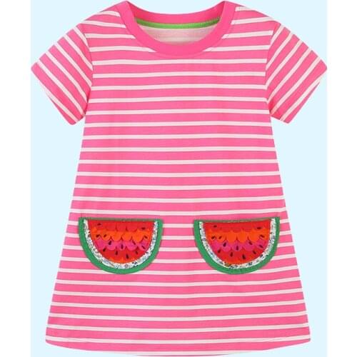 Summer New Products Girls Cartoon Watermelon Applique Striped Dress Knitted Cotton Princess Dress Cartoon Children