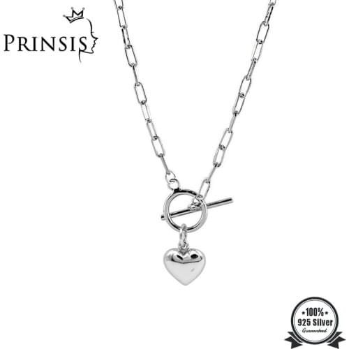 PrinSis Real 925 Sterling Silver Sweet Romantic Heart Round Stick Necklace For Women Wedding Birthday Present Jewelry DD1061