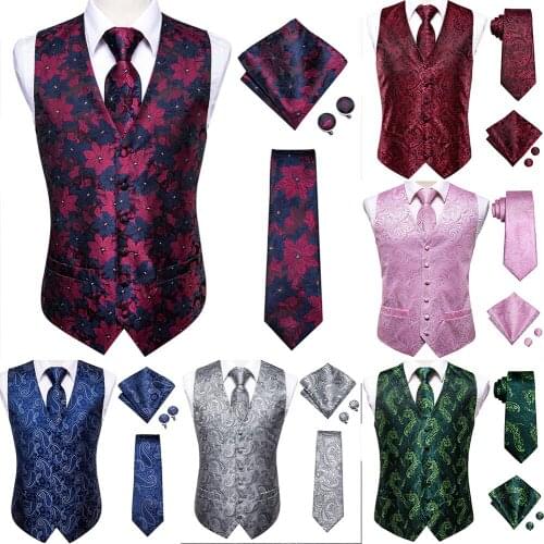Hi-Tie Navy Blue Floral Paisley Silk Mens Slim Waistcoat Necktie Set For Suit Dress Wedding 4PCS Vest Necktie Hanky Cufflink Set