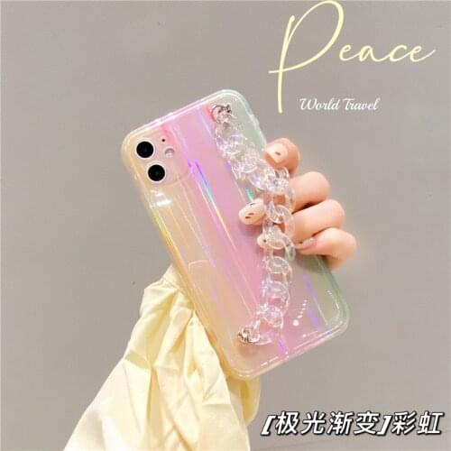 Transparent Gradient Rainbow Phone Case for iPhone11Pro Max 12 7 8Plus X XS XR Luminous Aurora Soft Silicone Cover with Bracelet