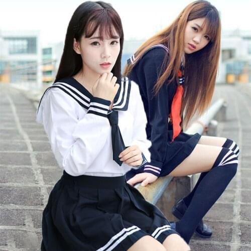 School Uniform JK Red Scarf Sailor Navy Cosplay Japanese Anime Schoolgirl Uniforms Costumes Pleated Skirt Set Hot Sale C30153AD