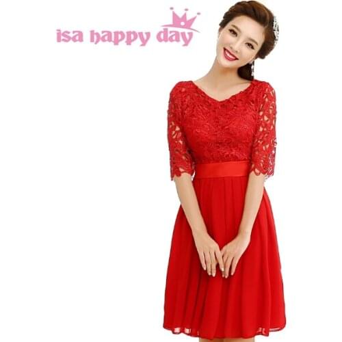 Modest knee length elegant lace dress women neck prom dresses with sleeves size 8 girls women elegant dress red short W1875