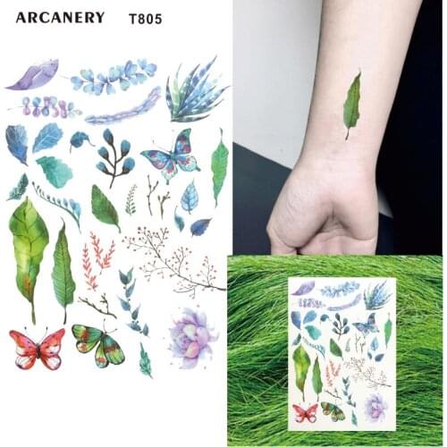 T805 1 Piece Fashion Wood Leaf Plant Temporary Tattoo with Succulent, Fern, and Butterfly Tattoos Pattern Body Art