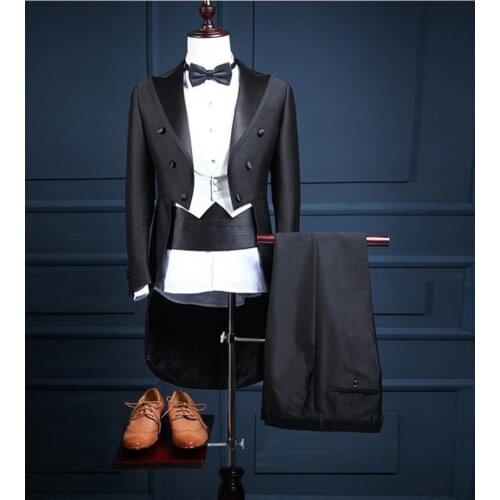 Tailcoat/Morning Style Groomsmen Black Groom Tuxedos Peak Satin Lapel Men Suits Wedding Best Man ( Jacket+Pants+Vest+Tie ) C795