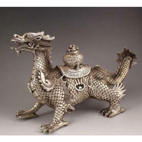 Tibet old silver handmade auspicious dragon town curtilage statue