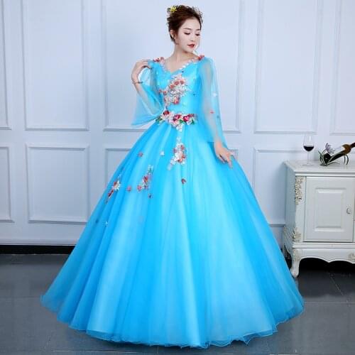 Long Sleeve Quinceanera Dresses 2021 V-neck Party Dress Vintage Floral Print Ball Gown Back Lace Up Customize Color Vestidos