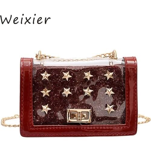WEIXIER Women PVC Clear Crossbody Chains bag Girls Summer Fashion Jelly bag PU Star Transparent Flap Shoulder Purse V1-39