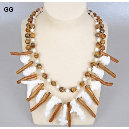 GuaiGuai Jewelry Unique Statement Necklace White Coral Golden Corals Conch Shell Tigers Eye Necklace Earrings Sets For Women