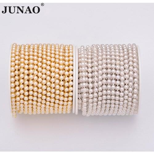 JUNAO ss6 ss12 ss16 White Pearl Chain Rhinestone Trim Bridal Pearl Necklace Decoration Acrylic Strass Applique for Wedding Dress