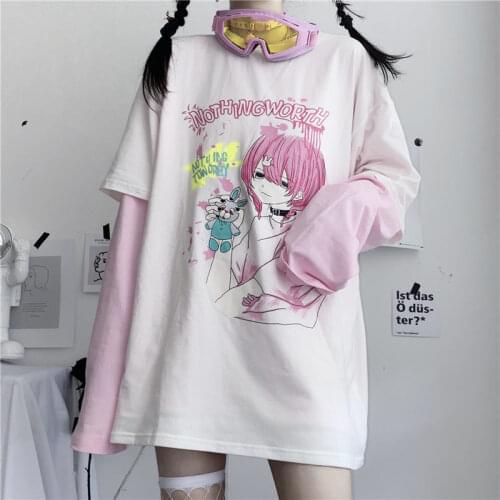 Woman T-shirts Gothic Fashion Harajuku White Fake Two-piece Loose Long Sleeve T Shirt Female Cartoon Girl Print Tops Tee