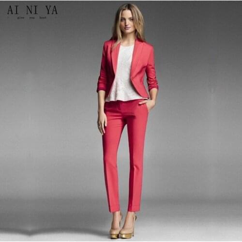 Watermelon Red Womens Business Work Suits Ladies Winter Formal Suits 2 Piece Set Female Office Uniform Elegant Pant Suits