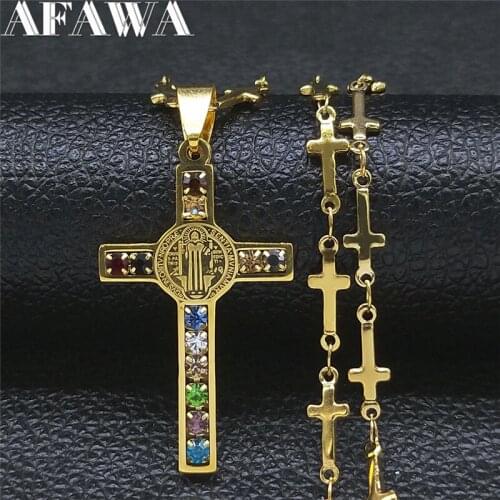 Cross Jesus Crystal Stainless Steel Chain Necklaces Women Gold Color Choker Necklaces Jewelry collar cruz N4097S01