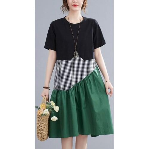 Patchwork Plaid Fashion Women Dress 2021 New Arrival Cotton Linen Loose Summer Dress Women Travel Casual Midi Dress