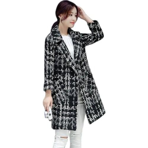2019 Autumn Winter Women Plaid Woolen Coat Fashion Green Crude Woolen Jacket female Plus size Thicken Slim Basic Coat Women N363