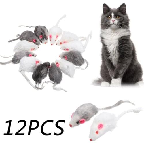 12Pcs Fur Mouse Squeaky Sound Mice Rat Toy For Pet Cat Kitten Puppy Playing Plush False Mouse Toys Black/White 12.5cm