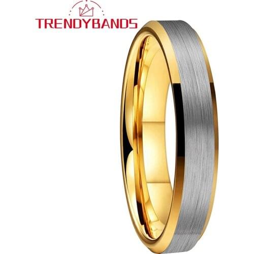 4MM Gold Tungsten Rings Wedding Band For Men Women Beveled Edges Brushed Finish Comfort Fit