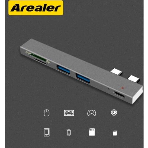 T819 5 in 1 Type-C Hub Dual Type-C To USB3.0*2+PD+TF Intelligent USB Hub Multi-Port Adapter Splitter Expander for Macbook Pro