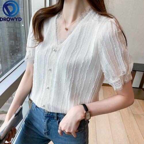 2021 Womens Spring Summer Style Chiffon Blouses Shirt Womens Button V-neck Short Sleeve Solid Color Korean Elegant Tops DROWYD