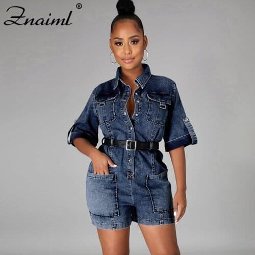 Znaiml Retro Denim Jumpsuit For Women Short Sleeve Shorts Straight Rompers Button Pocket Slim Palysuits Ladies Street Vestidos