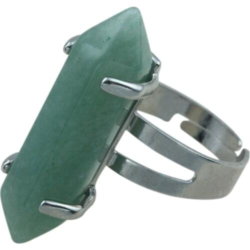 TUMBEELLUWA Green Aventurine Stone Healing Chakra Hexagon Prism Beads Adjustable Finger Ring US 8 For Men Women Chic Gift