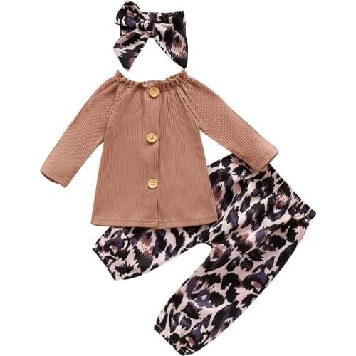 3 Pcs Baby Toddler Girl Sets Solid Boat Neck Long Sleeve Button Top Leopard Loose Trousers Bow Headband Baby Girls Sets 0-24M