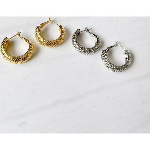 ALLNEWME Korean Fashion Hollow Out C Shape Hoop Earrings for Women Gold Color Circle Brass Earring Statement Minimalist Jewelry