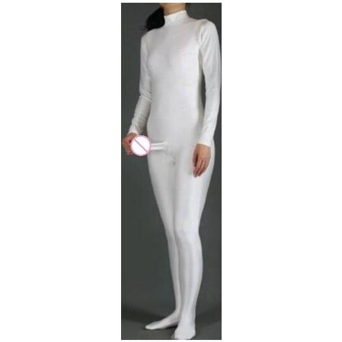 Costumes cosplay Sexy mens jumpsuit tights full Bodysuit Spandex catsuit With penis sheath no hands and hood