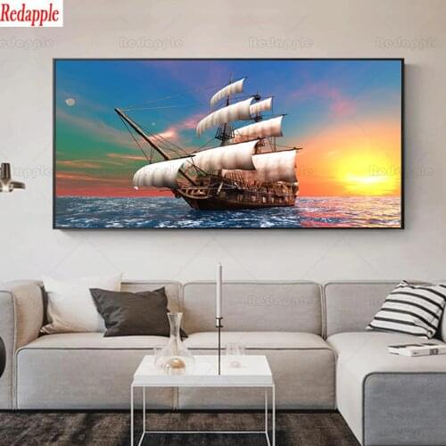 3d drill square Crystal Paintings Natural scenery, sunset ocean sailing Diamond Embroidery Full round 5d Diy diamond painting