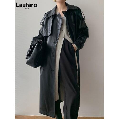 Lautaro Autumn Long Oversized Black Faux Leather Trench Coat for Women Raglan Long Sleeve Double Breasted Brown Korean Fashion