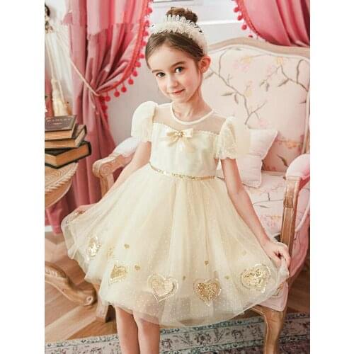 Summer Lantern Sleeve Heart Embroidery Princess Kids Dress Toddler Children Girls Clothes Ball Gown 2-7Y