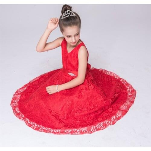 Summer Girl Princess Party Dress Red Wedding Gowns For 12 Yrs Old Kid Formal Birthday Dress