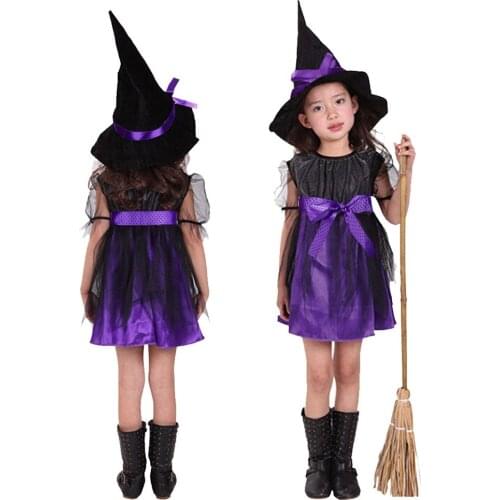 Halloween Kids Chi Mini Dress Girls Cosplay Costume Short Sleeve Ribbon Bow Tulle Party Dresses+hat Cap Clothes Outfit Vestidos