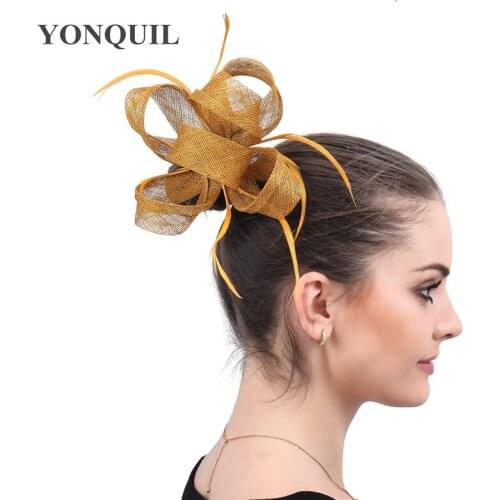 Gold Sinamay Fashion Headwear Bride Elegant Fedora Cap Fancy Feather Fascinator Hat Hair Pin Fancy Feather Hair Accessories