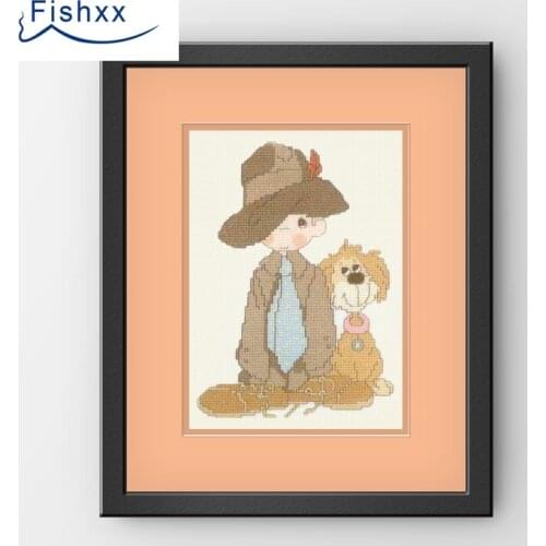 European Style Fishxx Cross Stitch 14CT Kit H161 Cute Cartoon Characters Wear Daddy Clothes Boy And His Dog Hand Embroidery