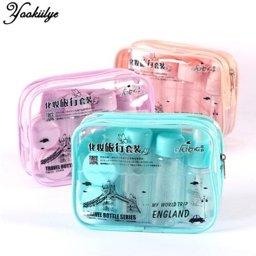 9pcs Mini Refillable Bottle Cosmetics Container Set Portable Travel Set Spray Pump Lotion Press Bottle Mirror Comb Storage Bag