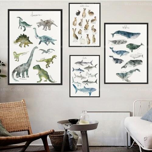 Wall Art Canvas Painting Wall Pictures Dinosaur Rabbits Sharks Animal Art Prints Modular Nordic Poster Home Baby Kids Room Decor