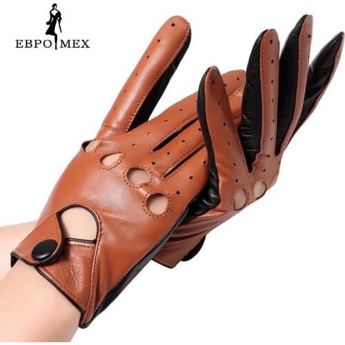 Genuine Leather mittens female glove Fashion leather gloves Punk style gloves female driving gloves Red stitching hollow design