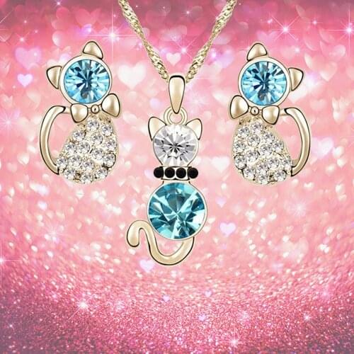 New Fashion Dedicate Rhinestone Cute Cartoon Cat Pendant Necklace Earrings Jewelry Sets Gold Silver Color Geometric Accessories