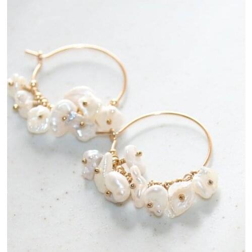 Keshi Pearl Hoop Earrings, 14K Gold filled, June Birthstone, Freshwater White Pearl, Baroque Pearl