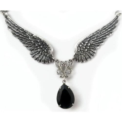 Vintage Angel Wing Necklace Gothic Witch Jewelry Black Acrylic Necklace Aranwen Gothic Fashion Gift for Your Guardian