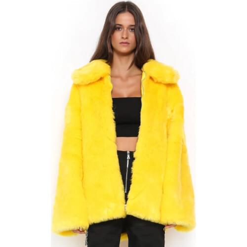 Winter Autumn Womens Yellow Soft Faux Rabbit Fur Jackets Warm Turn Down Collar Furry Coats Large Size Fake Fur Outwears D502