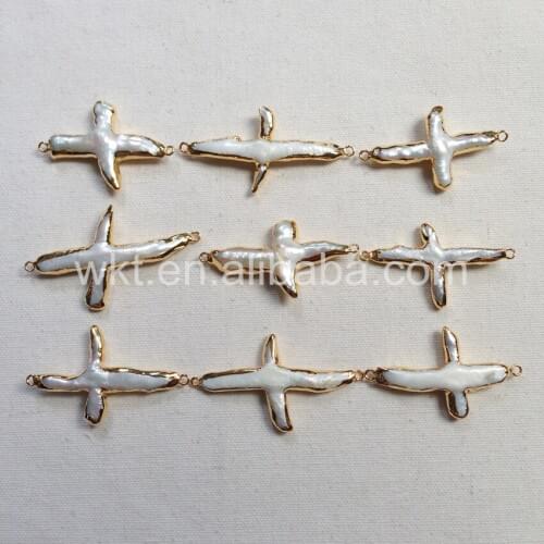 WT-C095 Latest Double Loops Cross Pearl Pendant Natural pearl in gold electroplated cross pendant Pearl Cross connector pendant