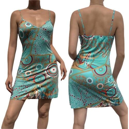 Ladies Temperament Short Suspender Skirt Women Summer Sexy Circle Geometric Printing V-neck Slip Dress Slim Spaghetti Strap