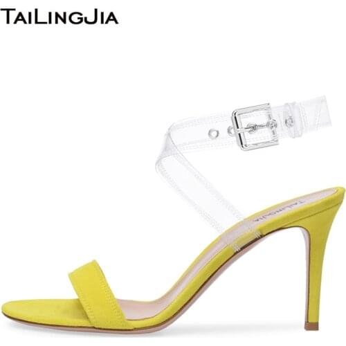 Clear PVC Crisscross Straps High Heels Woman Heeled Summer Sandals Ladies Mid Heel Party Dress Shoes Black Yellow Nude Toe Band