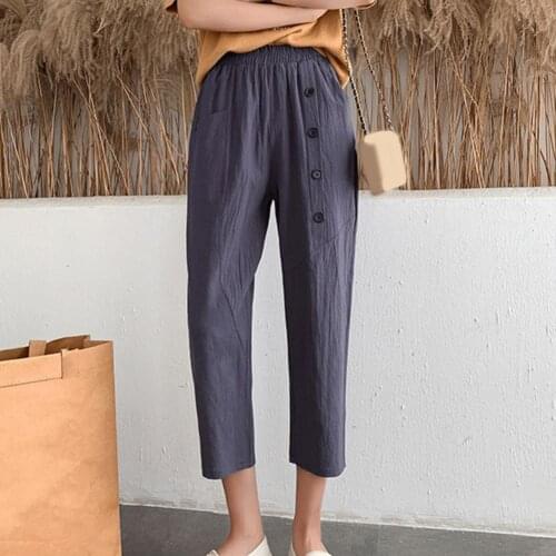 Women Pants Cropped Loose Summer Solid Color Buttons Slacks Plus Size Female Autumn High Waist Loose Trousers mujer retro pants